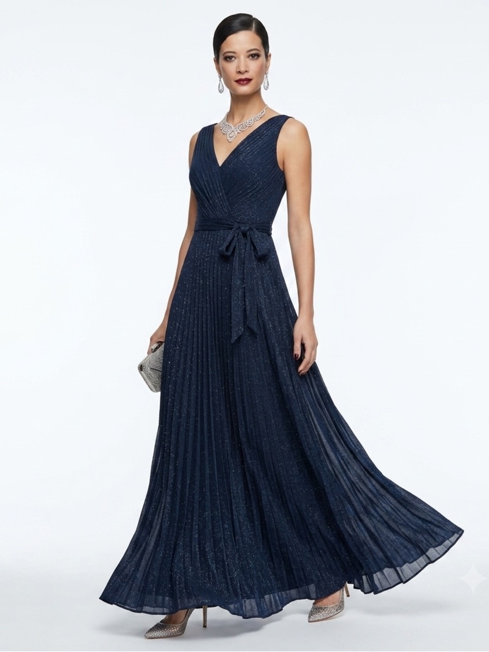 Navy Blue Shimmer  Maxi Evening Gown Formal Gala Dress Sleeveless Wrap Style